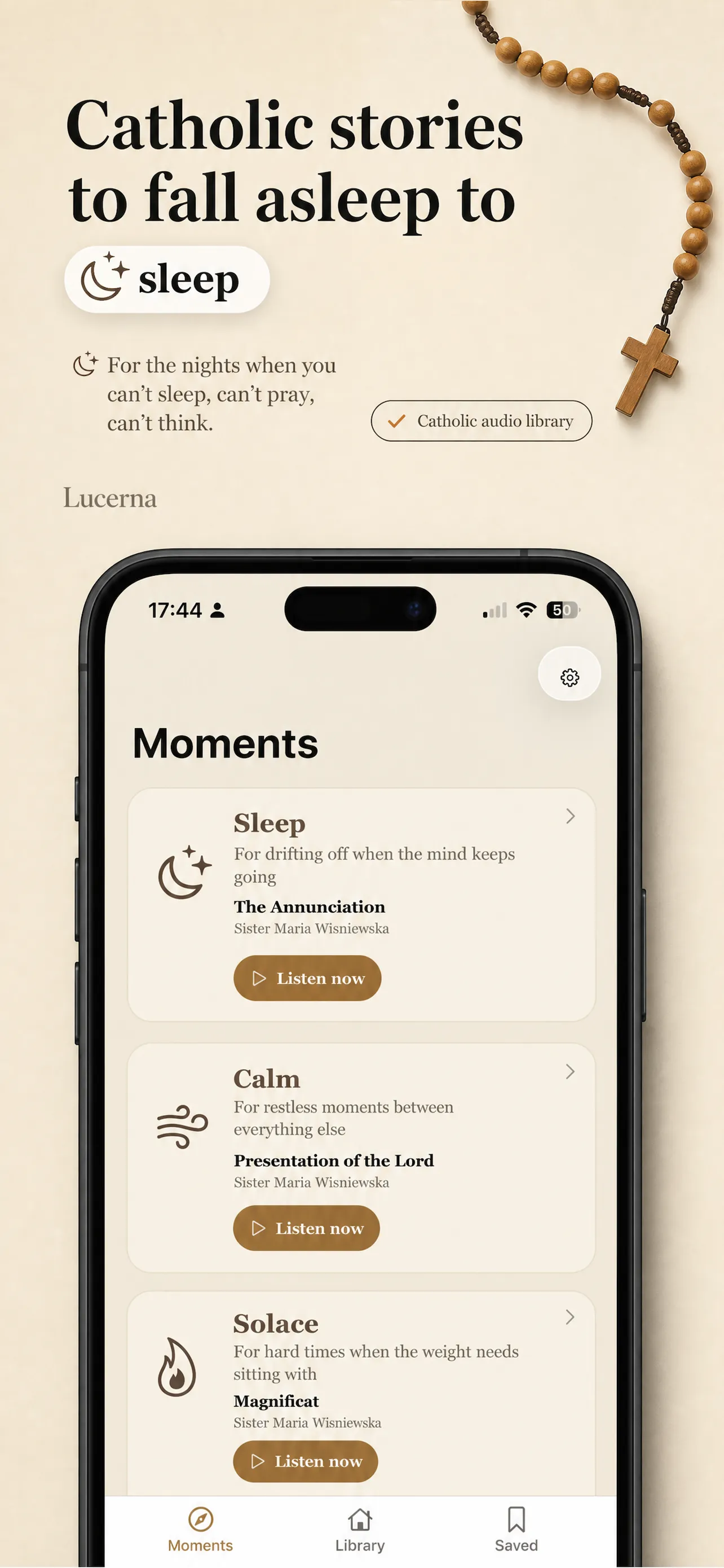 The Lucerna app showing sleep, calm, and solace story collections